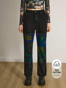 Y2Kool Maria Clara Maia Women's Black & Yellow Checkered, Horse, Zebra, Spaceship Print Slim Fit Straight Leg Y2K Sexy Casual Jeans Pants Printed Jeans Graphic Jeans Jeans With Designs Baggy Jeans Y2k Cowboy Pants For Women Springs Women Birthday For Women Carnival,Valentine's Day - Black - View 1