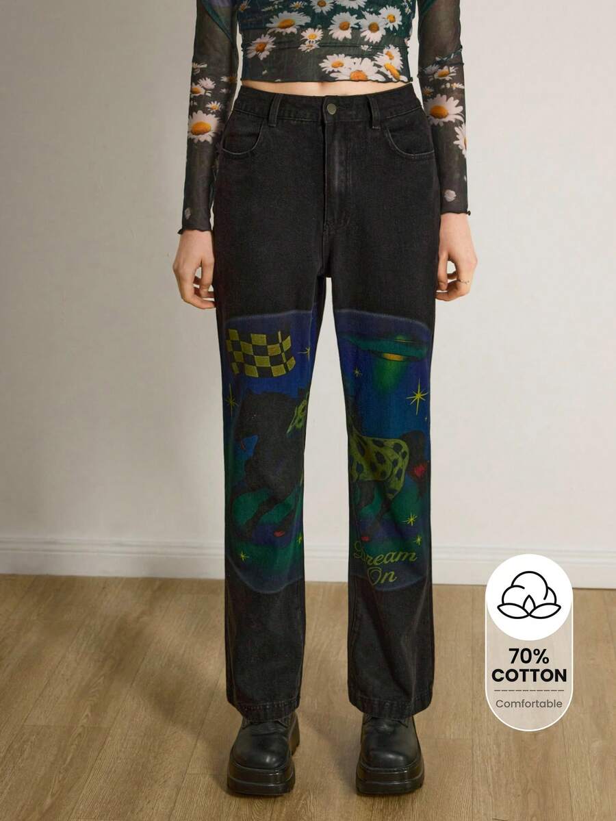 Y2Kool Maria Clara Maia Women's Black & Yellow Checkered, Horse, Zebra, Spaceship Print Slim Fit Straight Leg Y2K Sexy Casual Jeans Pants Printed Jeans Graphic Jeans Jeans With Designs Baggy Jeans Y2k Cowboy Pants For Women Springs Women Birthday For Women Carnival,Valentine's Day - Black - View 1