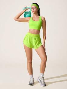 SHEIN Sovereign Charm Quần short thể thao dáng ôm, đa năng, màu vàng neon, phối lưới, có túi. - Màu vàng - Xem 5