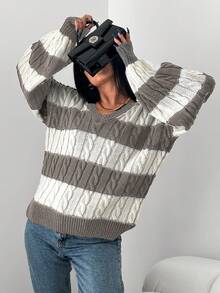EURMUSE Women's Striped Color-block Drop-shoulder Sweater - Brown - View 3