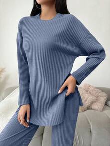 EURMUSE Cotton Women's Solid Color Ribbed Top And Pants Set With Slit, Casual Outfit - Blue - View 4