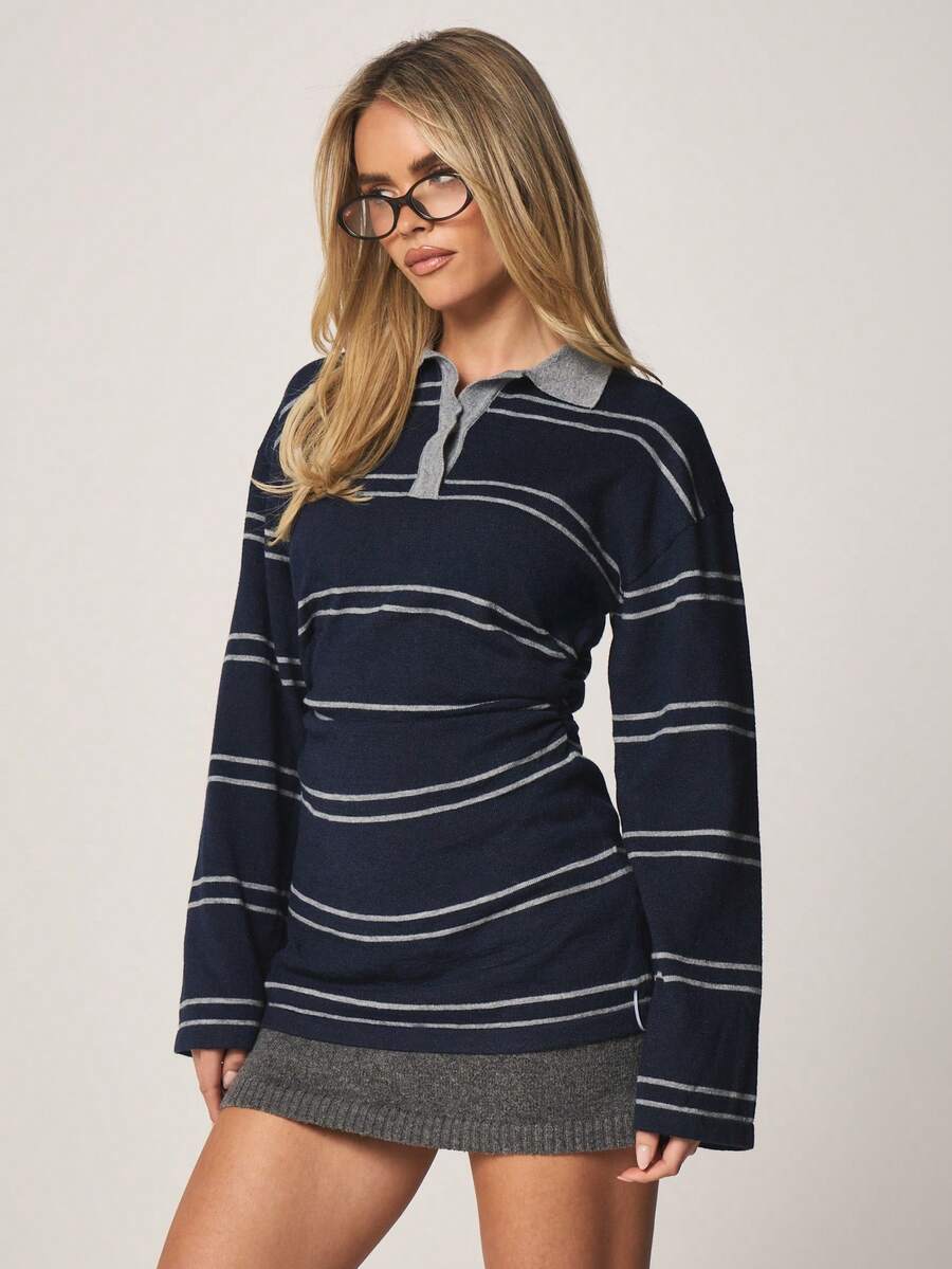 MISSGUIDED Preppy Striped Rugby Collar Long Sleeve Sweater With Cinched Waist And Contrast Grey Trim Details - Navy Blue - View 1