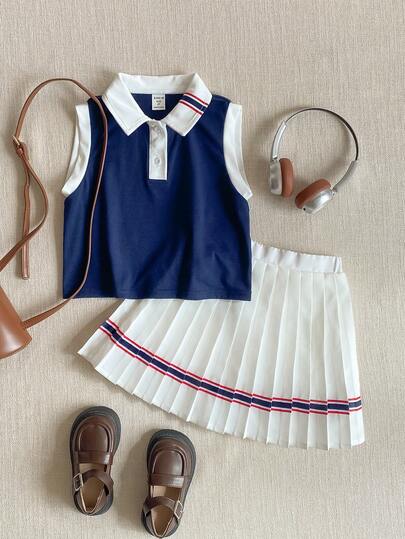 PrepCrw 2 piezas Conjunto de camisa polo de manga corta con cuello blanco y falda plisada blanca con decoración de rayas rojas, blancas y azules, estilo de uniforme escolar elegante para niñas jóvenes, adecuado para volver al colegio, uso diario casual, viajes, fiestas, festivales, primavera y verano