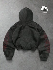 Manfinity EMRG 男士复古天使雕像及标语图案套头连帽衫，美式街头风格设计，秋冬卫衣，Y2K风格 - 黑色 - 查看 2