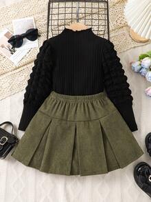 Elladie kids 两件套女童休闲套装：黑色泡泡袖长袖上衣 + 卡其色灯芯绒蝴蝶结半裙，可爱复古风，舒适贴身，适合日常、旅行、上学、聚会等场合。 - 彩色 - 查看 2