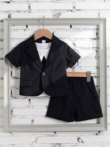 2pcs/Set Baby Boys' Black Short Sleeve Suit Set - Single Breasted Mini Blazer + Black Shorts, Classic Faux Pocket Design, Suitable For Birthday Party, Evening Event, Performance, Wedding, Christening, Children's Outfit, Baby Boy Clothing, Boys Set, Baby Boy Set, Baby Boy Set Toddler Boy Suit Set