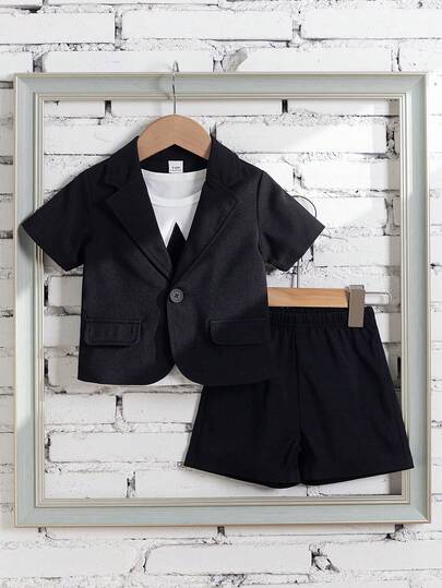 2pcs/Set Baby Boys' Black Short Sleeve Suit Set - Single Breasted Mini Blazer + Black Shorts, Classic Faux Pocket Design, Suitable For Birthday Party, Evening Event, Performance, Wedding, Christening, Children's Outfit, Baby Boy Clothing, Boys Set, Baby Boy Set, Baby Boy Set Toddler Boy Suit Set