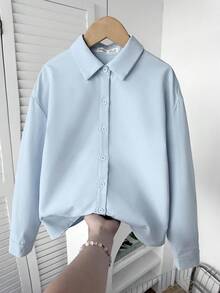 SHEIN Tween Girls' Casual Fashionable Versatile Woven Solid Color Back Slit Bow Decor Turndown Collar Long Sleeve Fitted Blouse, Back To School - Baby Blue - View 6