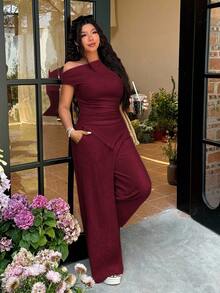 SHEIN EZwear 2pcs Plus Size Women Textured Jacquard Asymmetric Top And Pants Set, Burgundy, Spring/Summer - Burgundy - View 4