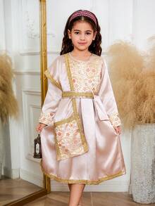 Vestido de niña de color champán con cuello redondo tejido en jacquard, con jacquard delantero, puño de manga de gota de agua abierto en la espalda, ribete de encaje dorado, chal, cinturón y bolso bandolera, elegante y de moda para salidas y fiestas - Albaricoque - Ver 4