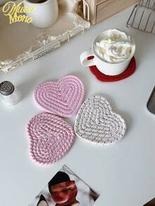 4pcs Valentine's Day Heart Shaped Coasters Handmade Woven Heart Shaped Coasters Pink Red Coasters Non-Slip Absorbent Beverage Mats Suitable For Home Restaurant Tea Cafe Bar Decoration (Without Shelf) - Multicolor - View 7