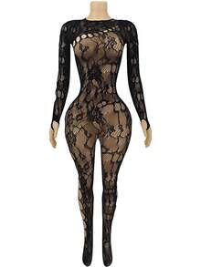 Women's Sexy Lingerie Bodysuit, Long Sleeve Backless Sheer Mesh Bodysuit In Black - Black - View 3