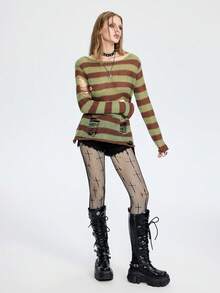 Chiquease Women's Basic Minimalist Striped Gothic Style Sexy Ripped Sweater - Green - View 3
