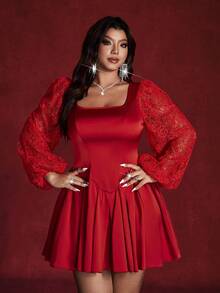 Viva Relle Plus Size Elegant Contrast Lace Square Collar Waist Cinched Dress, Autumn