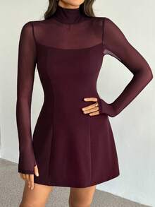 SHEIN Tall Vestido curto feminino elegante de gola alta, modelagem evasê, com cintura transparente e mangas compridas, na cor bordô, perfeito para o outono/inverno. Ideal para festas, encontros, eventos românticos, saídas à noite e até mesmo para convidadas de casamento. - Borgonha - Ver 6