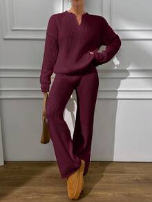 EURMUSE V Neck Sweater And Pant Casual Elegant - Burgundy - View 7