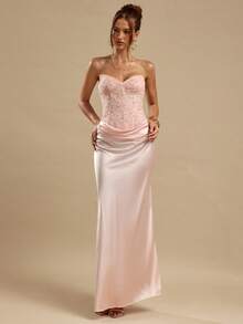 SHEIN BAE 春夏纯色蜜桃色无肩带修身胸衣连衣裙，饰有串珠美人鱼裙摆，优雅粉色迷你鸡尾酒裙，缎面夏季连衣裙，优雅连衣裙，海滩度假连衣裙，生日派对连衣裙，婚礼宾客礼服，早午餐连衣裙 - 粉色 - 查看 4