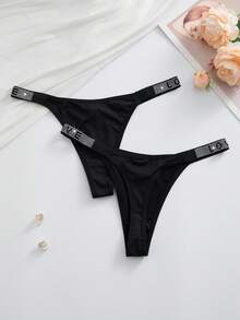 SHEIN 8件套奢华水钻装饰女士舒适丁字裤套装 - 黑色 - 查看 5