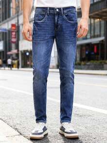 Hombre jeans casual lavado azul denim ajuste slim primavera verano uso diario pantalones - Azul - Ver 1