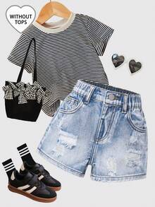 SHEIN Girls Beaded Denim Shorts, Fashionable & Versatile - Medium Wash - View 1