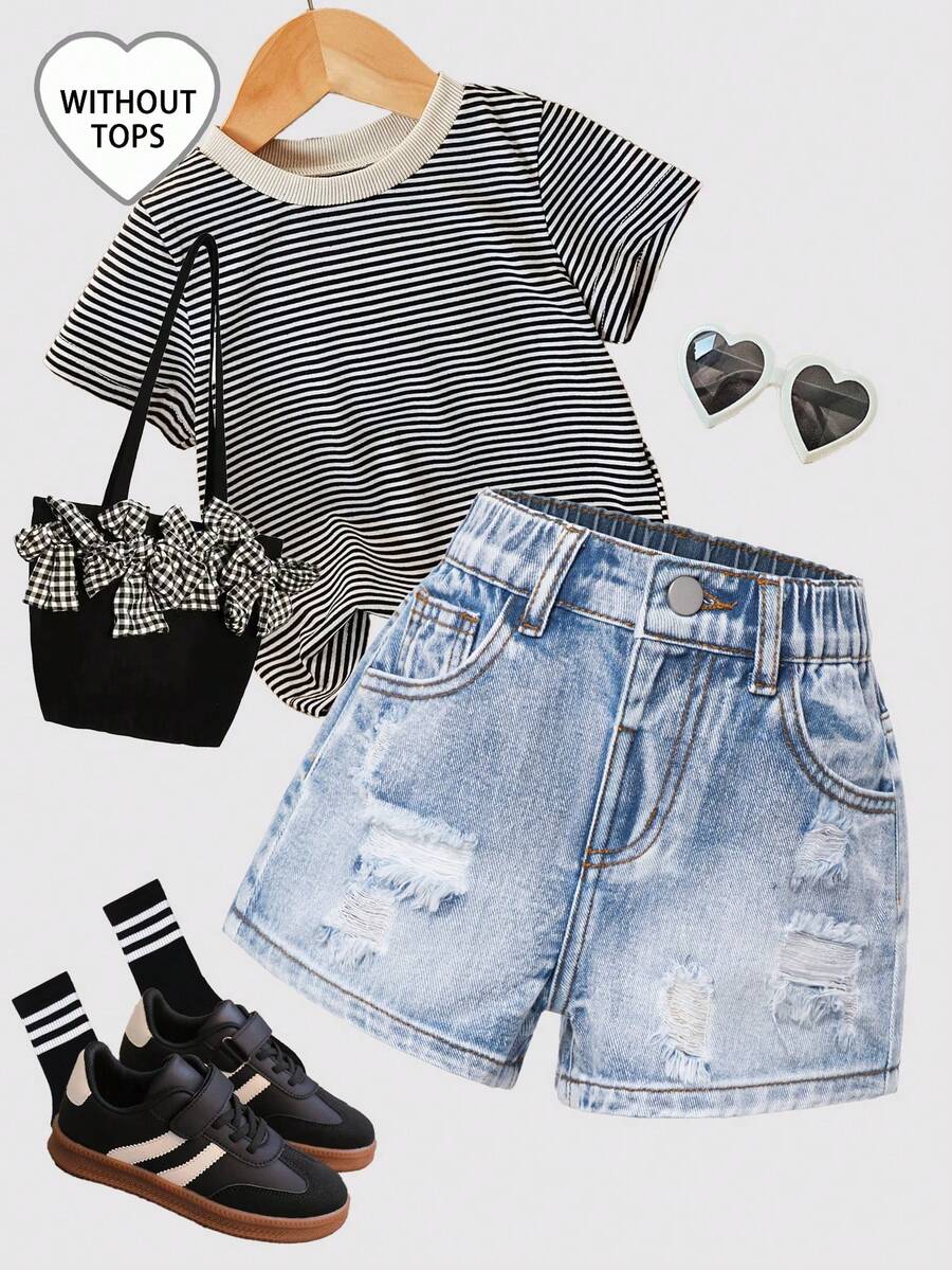 SHEIN Girls Beaded Denim Shorts, Fashionable & Versatile - Medium Wash - View 1