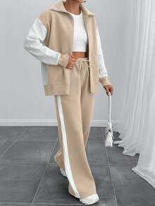 EURMUSE Women Contrast Color High Neck Zipper Detailed Sweatshirt And Sweatpant - Beige - View 4