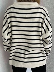 EURMUSE Striped Pattern Drop Shoulder Sweater - Black and White - View 2