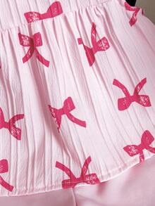 SHEIN 女婴白色纯色提花纹理面料圆领无袖露脐褶皱背心，饰以彩色波点印花，搭配粉色弹力腰舒适简约短裤，休闲度假装扮，春夏皆宜。 - 粉色 - 查看 3