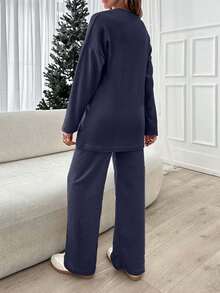 SHEIN Cottnline Women Beige Wide Leg And Top Two Pieces - Navy Blue - View 2
