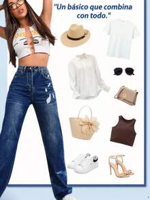 1 par de vaqueros versátiles para mujer, de corte recto con bolsillos, con un diseño ajustado y lavado desgastado. - Azul lavado profundo - Ver 2