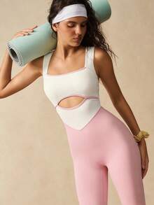 VARSIVA Mono sin mangas elástico con bloques de color y diseño hueco para mujer de verano - Rosa - Ver 7