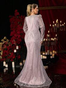 Glamrae Đầm dạ hội dáng đuôi cá thanh lịch, lãng mạn màu sâm panh, cổ vuông, tay dài, chất liệu xuyên thấu đính đá và ngọc trai, thích hợp cho đám cưới, tiệc tùng, các dịp trang trọng, dạ hội, lễ phục dạ tiệc (thiết kế đính kết cầu kỳ). - Bụi hồng - Xem 2