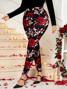 Reflora Quần legging dệt kim co giãn in họa tiết hoa hồng dành cho nữ cỡ lớn, thanh lịch và đa năng, phù hợp cho mọi mùa, tiệc năm mới, đêm giao thừa, ngày lễ tình nhân, sinh nhật, kỳ nghỉ xuân. - Nhiều màu - Xem 3