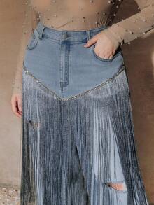 Anewsta New Fashionable Heavy Fringe Diamond Embellished Blue Straight Leg Jeans For Women - Blue - View 5