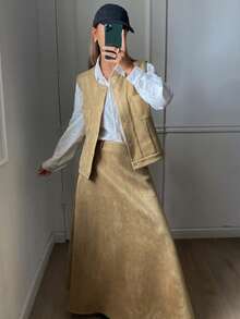 Livesso 女士休闲无袖上衣和裙子两件套 - 卡其色 - 查看 4