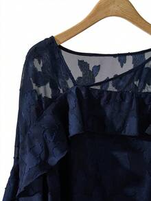 Lacomfia Plus Size Navy Jacquard Chiffon Blouse, Elegant Ruffle Trim Loose Fit Top - Blue - View 6