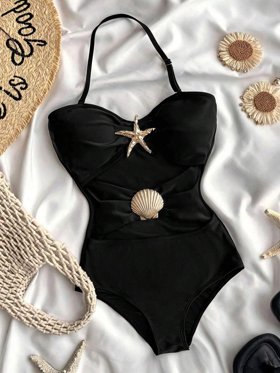 SHEIN Tween Girl Casual Vacation Black 1pc Detachable Strap Hollow Starfish Accent Ruched One-Piece Swimsuit, Summer Beach