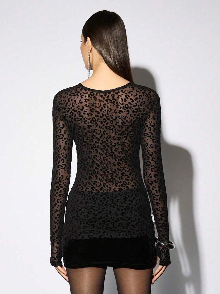 Leopard Devore Top With Long Sleeves And Mesh Pattern