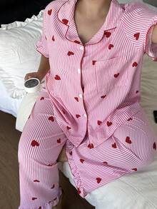 Napfluff CURVE Bộ đồ ngủ cỡ lớn có bèo nhún, họa tiết sọc, hình trái tim, cổ ve áo - Hồng - Xem 4