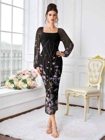 Modelyn Women's Colorful Ginkgo Leaf Print Mesh Lantern Sleeve Fitted Waist Bodycon Dress, Spring/Summer