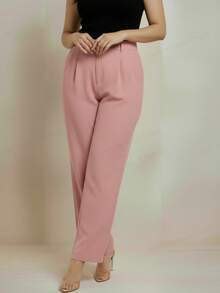 Pantalón formal dama sastrero tiro alto corte recto pierna ancha pretina cierre frontal bolsillos laterales acabado - Rosa - Ver 1
