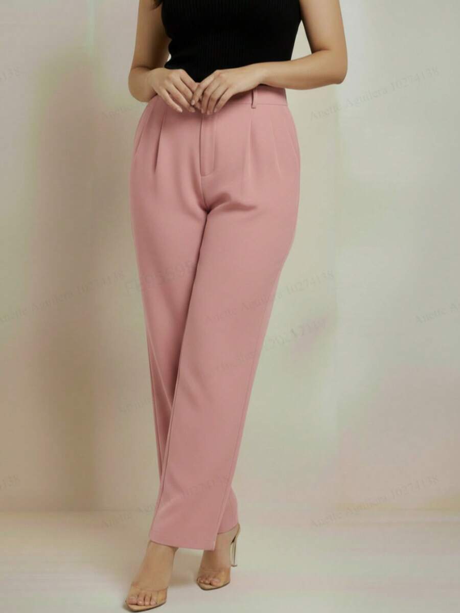 Pantalón formal dama sastrero tiro alto corte recto pierna ancha pretina cierre frontal bolsillos laterales acabado - Rosa - Ver 1