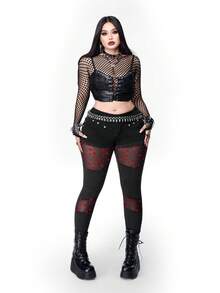 Whyspr Valentines Casual Punk Valentine's Day Heart Mesh Sheer Patchwork Elastic Fitted Plus Size Leggings - Black - View 7