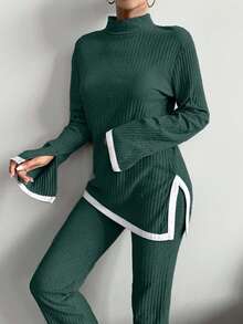 EURMUSE Cotton Contrast Binding Split Hem Tee & Pants - Dark Green - View 5