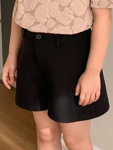 DAZY 女童纯色腰部纽扣设计休闲宽松短裤 - 黑色 - 查看 3