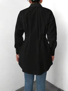 EURMUSE Cotton Drop Shoulder Fold Pleated Shirt - Black - View 2