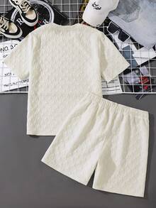 SHEIN White Teen Boys Letter Pattern Round Neck Half Sleeve Tee And Drawstring Track Shorts Set Everyday Casual Polyester Outfit - White - View 6