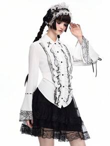 ROMWE Goth Blusa ajustada de mujer con volantes y encaje de tela de araña gótica - Blanco - Ver 6