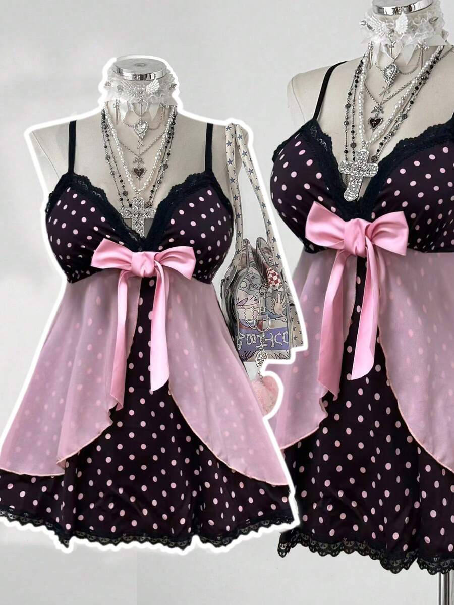 Sunspun Áo camisole ren chấm bi phối ren cỡ lớn có nơ - Cà phê nâu - Xem 1
