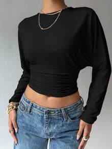 Aloruh 女士休闲纯色收腰T恤，宽松上衣，紧身下装，秋冬款 - 黑色 - 查看 9